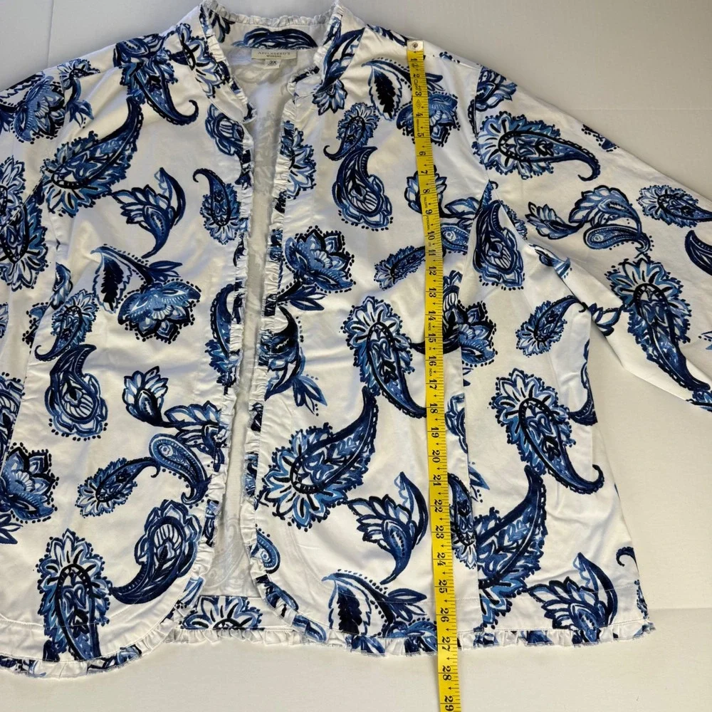 Appleseeds Blue White Paisley Ruffle Trim Open Front Jacket Womens Plus 3X - Picture 6 of 9